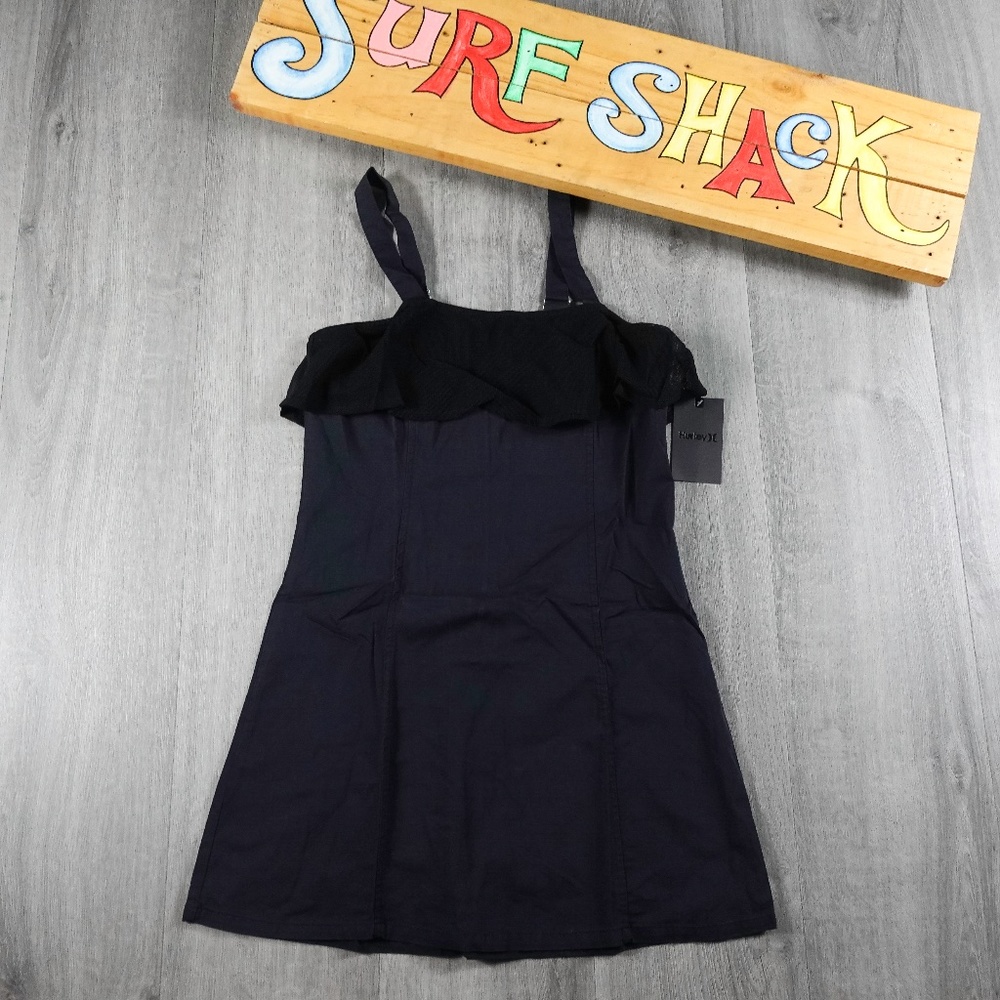 Womens Hurley Hermosa Dress Black Ruffle Adjustable Strap Zipper Back Size Large